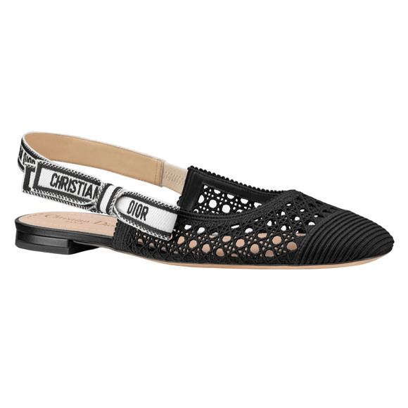 Dior & Moi Black Cannage Embroidered Mesh White Logo Slingback Ballerina Flat 37 - Picture 1 of 12